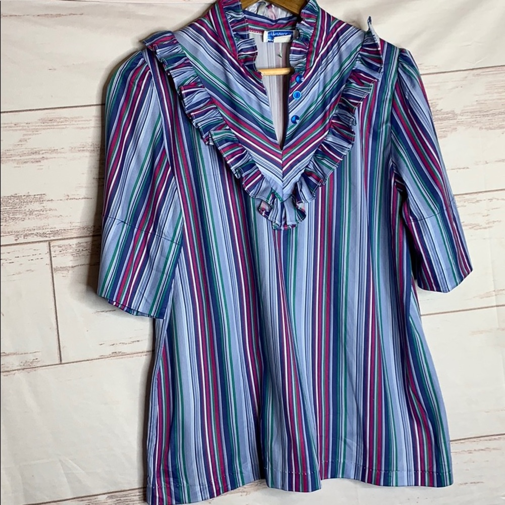 Vintage 70s Coastal Cowgirl ruffled western striped short sleeve blouse